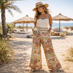 NEW Umgee Summer Boho Cotton Pants, Wide Leg, Paisley, Flowy, Casual, Large